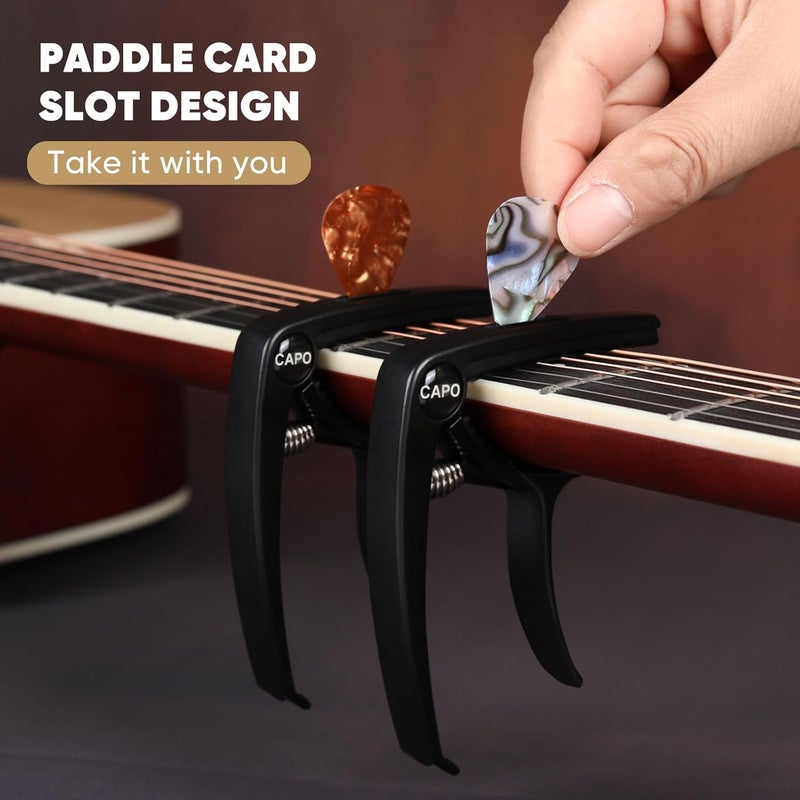 Aarvi 6-String Guitar Capo for Acoustic & Electric Guitars - Universal Clamp with 4 Premium Picks - Compatible with Ukulele, Banjo, Mandolin (2P Black) - Image 4
